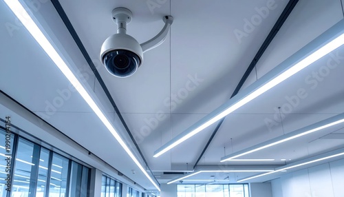 Modern Office Security Camera Mounted on Ceiling with LED Lighting.