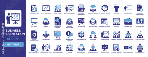 Business presentation icon set with solid glyph visuals for strategic plan, growth chart, meeting table, project schedule, video conference, team workflow, and keynote speaker.