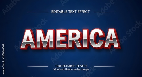 America 3d editable text effect with metallic silver and red style