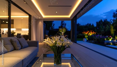 Modern Luxury Living Room with Garden View at Dusk.