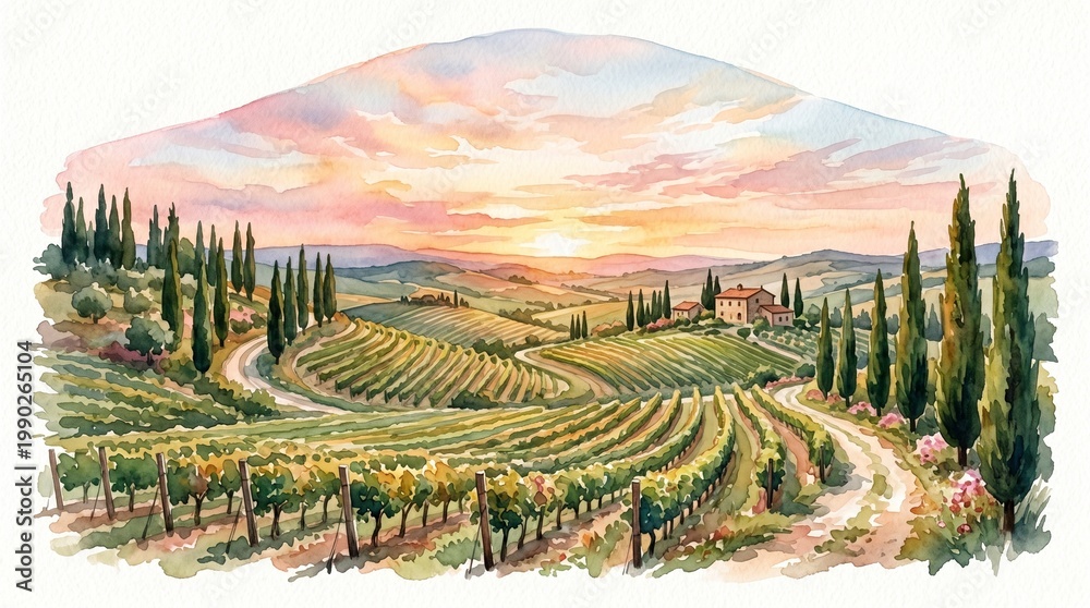 Fototapeta premium Tuscan vineyard landscape, watercolor illustration of a scenic Italian wine country, rolling hills with cypress trees and a beautiful sunset sky, ideal for travel and food branding.