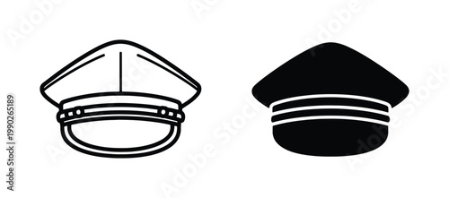 Police officer hat vector icons, security guard peaked cap line and silhouette set, professional uniform headwear for law enforcement and pilot