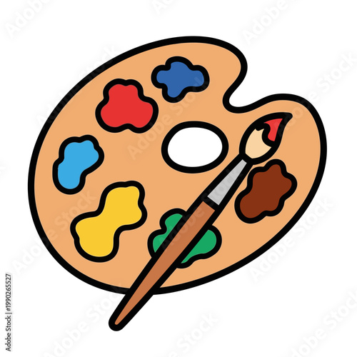 Artists paint palette with colorful blobs and brush flat vector illustration for art and design con