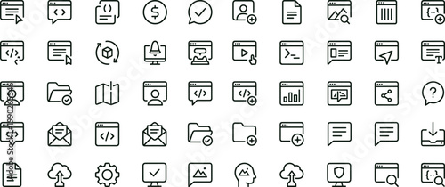 Web interface development outline icon set illustrating coding dashboards communication file management analytics upload workflows and application user interface elements collection