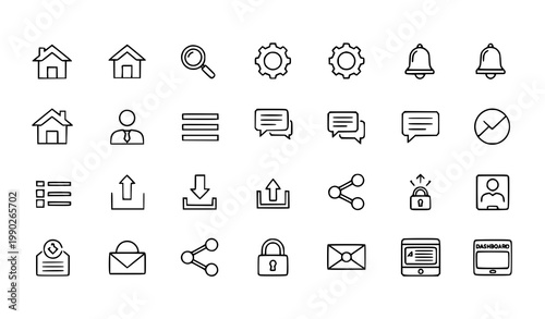 Modern UI interface icon vector set with navigation search profile and app controls in minimal outline style