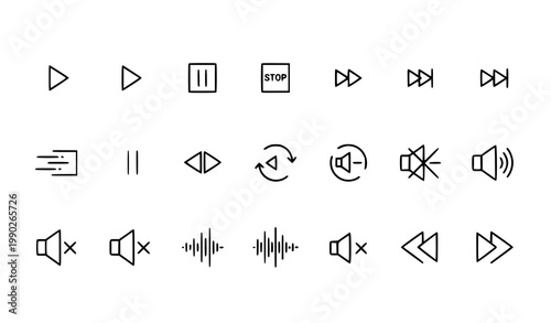 Modern music UI icons vector set with media controls volume mute and navigation arrows in minimal outline style