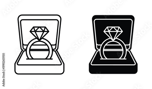 Diamond engagement ring in open jewelry box icons, wedding proposal ring vector set, black and white outline jewelry symbols for marriage and romance