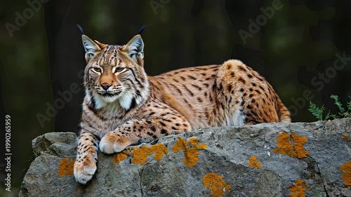 Majestic Lynx Lying on Rock in Natural Forest Habitat, Staring Calmly Forward