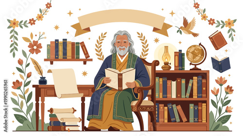 Rabindranath Tagore sitting in a traditional setting, surrounded by books and cultural symbols, celebrating his birth anniversary and literary legacy in a Bengali cultural festival