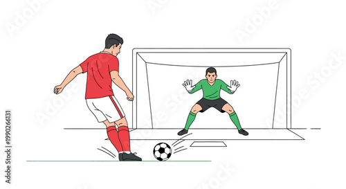 Soccer player kicks ball at goal.