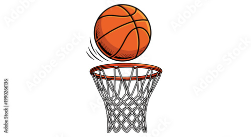 Energetic basketball action at the hoop with ball heading toward the net.