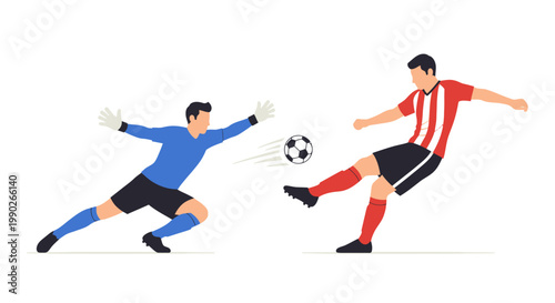 Soccer player kicks ball past goalkeeper.