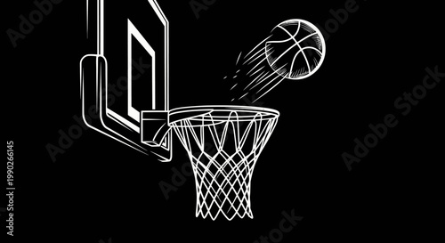 Minimalist line drawing of a basketball hoop with ball in motion and net in focus.