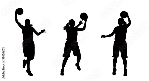 Three silhouetted basketball players in dynamic action during a game.