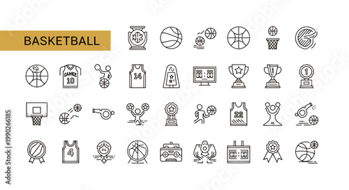 Collection of grayscale sports icons and symbols in a cohesive set.