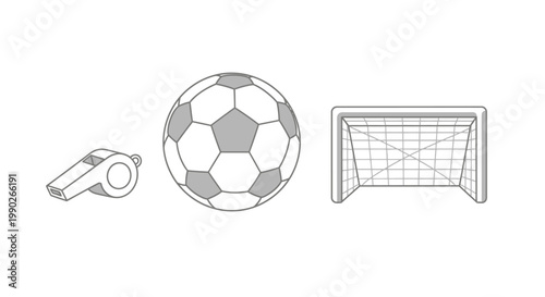 Soccer ball and goal with referee whistle.