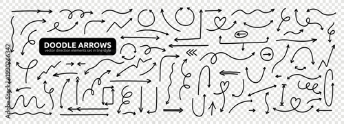 Doodle Thin Line Isolated Arrow Clipart Element Set. Handdrawn Spiral Down Arrow Shape Kit. Hand Drawn Vector Illustration in Transparent Png Background