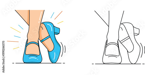 Dancing Feet in Blue Mary Jane Shoes - Set of Colored Illustration and Black and White Line Art Vector for Kids Coloring Page, Fashion Design, and Dance Themed Graphics