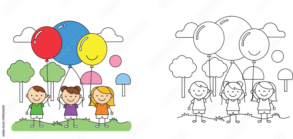 Fototapeta premium Happy Kids Holding Large Colorful Balloons in a Park - Set of Colored Illustration and Black and White Line Art Vector for Kids Coloring Page and Birthday Party Graphic Design