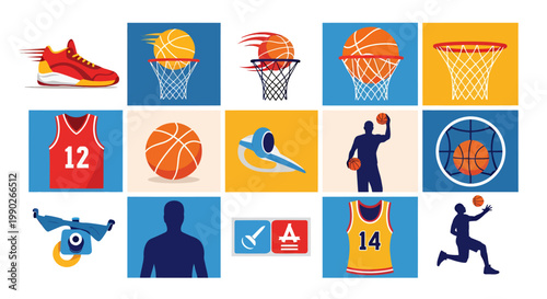 Energetic collage of basketball themed athletes, hoops, and sports gear in vibrant colors.