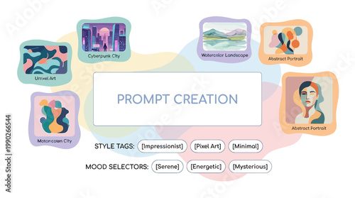 A diagram illustrating prompt creation for generative art, showcasing various art styles, moods, and subject examples like cyberpunk cities, abstract portraits, and watercolor landscapes.
