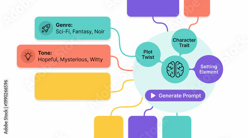 A colorful digital mind map illustrating creative writing prompts and story idea generation with interconnected concepts like genre, tone, character, plot, and setting.