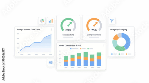 A collection of modern data visualization dashboards displaying various business metrics and performance indicators like success rate, completion rate, prompt volume, and category usage.