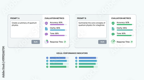 Comparison of AI prompt evaluation metrics for quantum physics summaries, showing accuracy, clarity, and tone performance indicators.