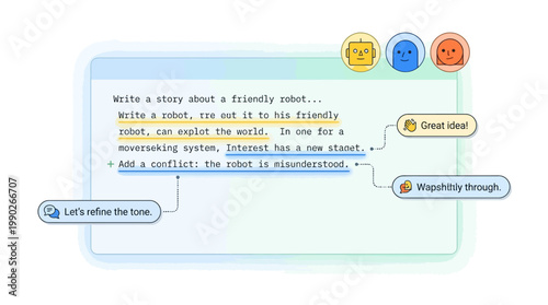 Digital interface of an AI writing assistant providing creative suggestions and collaborative feedback for a story.