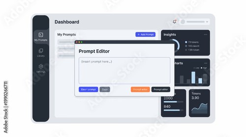 Screenshot of a modern dashboard interface with a 'Prompt Editor' window open, displaying various data widgets and navigation elements.