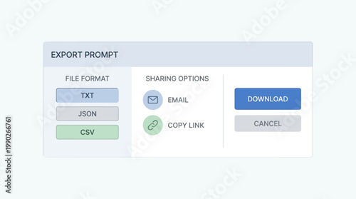 An export prompt interface showing file format and sharing options with download and cancel buttons for user interaction.
