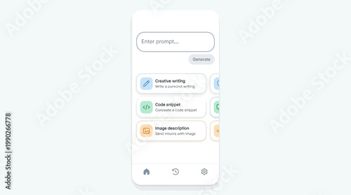 A mobile phone screen displaying an AI content generation application with various creative tools and an input prompt field.