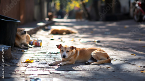 A group of stray dogs lying on a square with trash and worn pavement. A calm scene captured in documentary street photography style