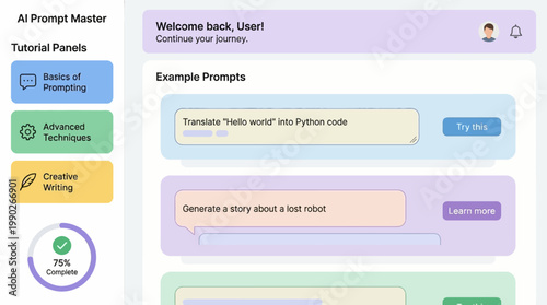 AI Prompt Master application interface showing tutorial panels and example prompts for learning AI prompting techniques.