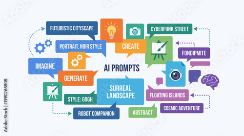 A vibrant infographic illustrating diverse creative prompts and concepts for artificial intelligence image and content generation.