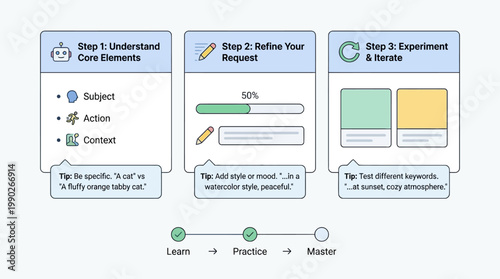 A three-step guide to understanding, refining, and iterating requests for effective prompt generation, showing core elements, style addition, and keyword testing.