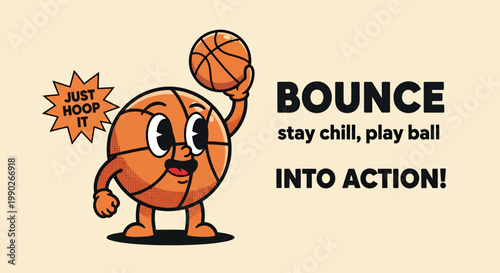 Cheerful cartoon orange basketball mascot encouraging playful energy and action in sports.