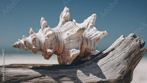 Large spiky seashell resting on weathered driftwood at a sunny beach