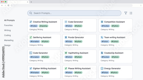 The image displays a web application interface for browsing and searching AI prompts, categorized by function like writing, coding, and marketing.