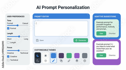 A user interface for AI prompt personalization showing user preferences, a prompt editor, adaptive suggestions, and customizable themes.