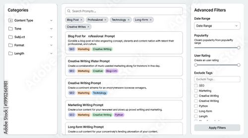 User interface of a content generation platform showing search, filters, and various writing prompts for different content types.