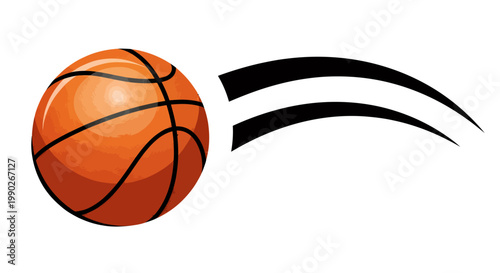 Dynamic basketball in motion with abstract swoosh accents.