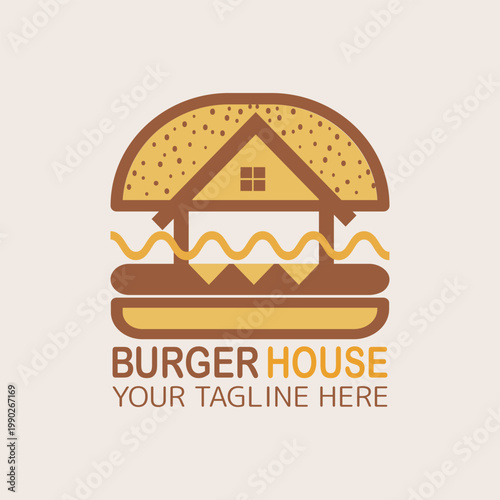 Burger house logo, Fast food logo, minimalist, burger combination with house in solid background, vector logo, flat design, Vintage Retro Cheese Burger, Cartoon, Logotype, cafe restaurant, Menu, 