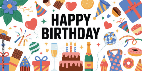 Happy birthday vector illustration set featuring cake, presents, champagne, balloons, flowers, and festive party decorations on white background