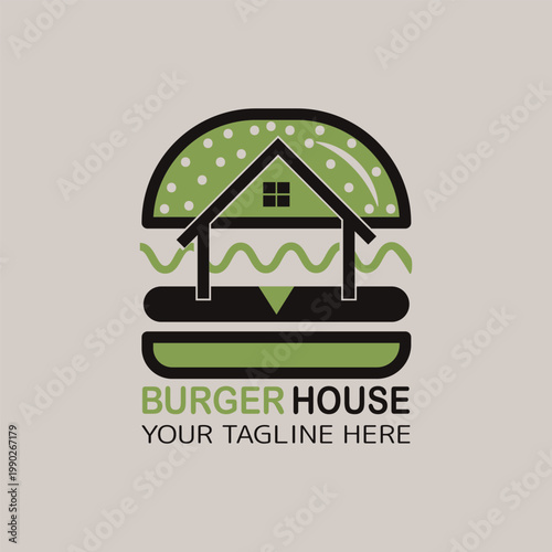 Burger house logo, Fast food logo, minimalist, burger combination with house in solid background, vector logo, flat design, Vintage Retro Cheese Burger, Cartoon, Logotype, cafe restaurant, Menu, 