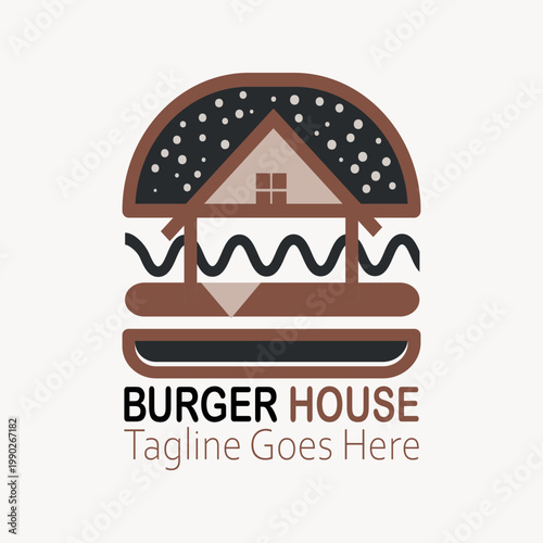 Burger house logo, Fast food logo, minimalist, burger combination with house in solid background, vector logo, flat design, Vintage Retro Cheese Burger, Cartoon, Logotype, cafe restaurant, Menu, 