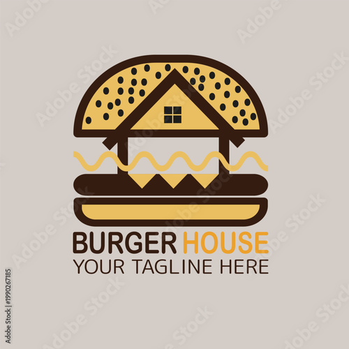 Burger house logo, Fast food logo, minimalist, burger combination with house in solid background, vector logo, flat design, Vintage Retro Cheese Burger, Cartoon, Logotype, cafe restaurant, Menu, 