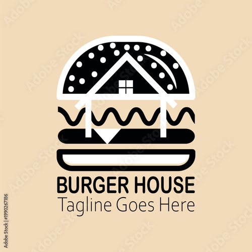 Burger house logo, Fast food logo, minimalist, burger combination with house in solid background, vector logo, flat design, Vintage Retro Cheese Burger, Cartoon, Logotype, cafe restaurant, Menu, 