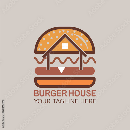 Burger house logo, Fast food logo, minimalist, burger combination with house in solid background, vector logo, flat design, Vintage Retro Cheese Burger, Cartoon, Logotype, cafe restaurant, Menu, 