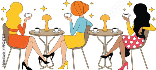 Flat vector illustration of elegant women sitting at cafe tables with coffee and lamps, blowing sparkling stars